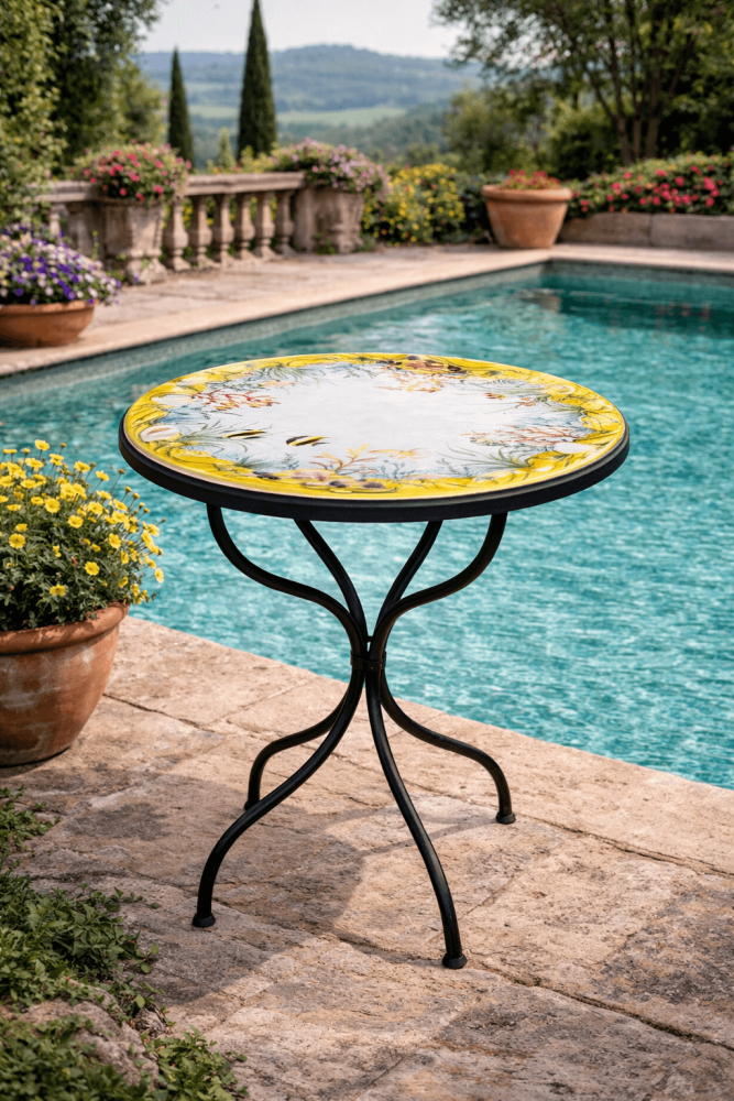 Table de jardin luxueuse en pierre de lave – œuvre d’art artisanale italienne au décor marin